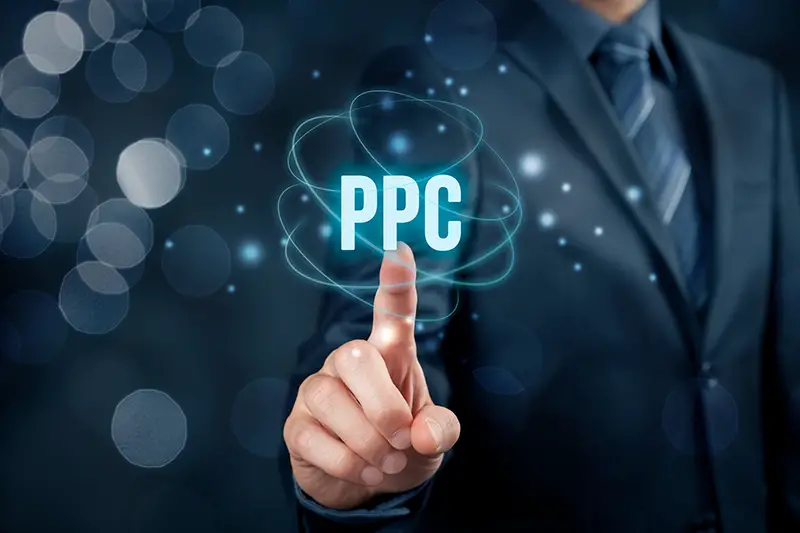 Businessman pointing on virtual screen  PPC concept