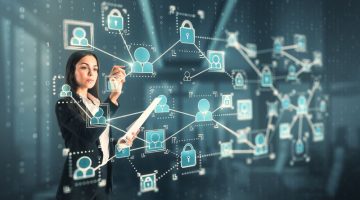 Attractive Young Caucasian Businesswoman Using Glowing People Interface Hologram On Blurry Office