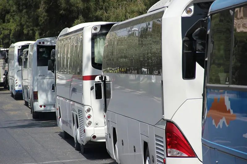 White buses on the road