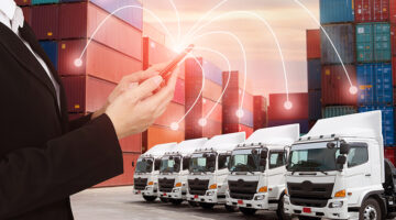 People using Mobile phone and illustration connectivity to control truck fleet GPS