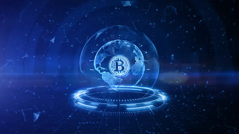 Bitcoin blockchain crypto currency digital encryption, Digital money exchange, Technology global network connections background concept. 3D Rendering