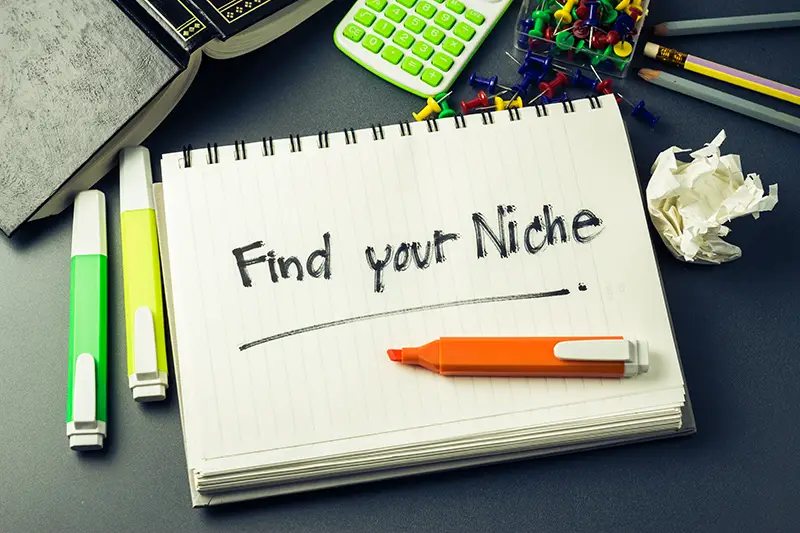 Handwriting of Find Your Niche word in notebook on the desk