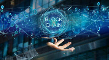 Blockchain title with 0 and 1 data flying over