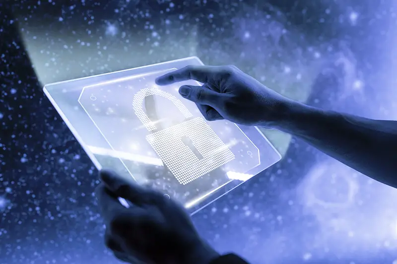Lock icon on transparent tablet data security technology
