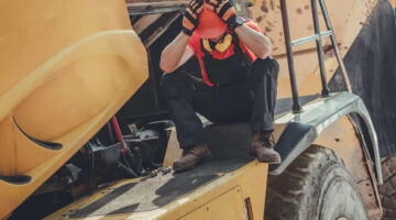 Tractor driver sitting while his two hands on his head