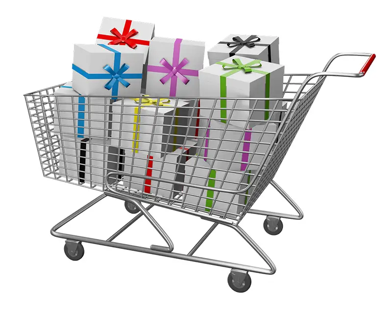 Stainless shopping cart full of gift boxes