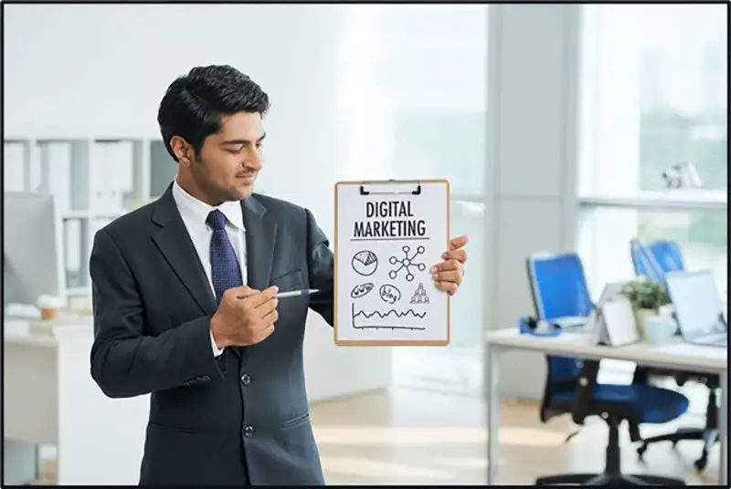 Businessman showing a digital marketing chart