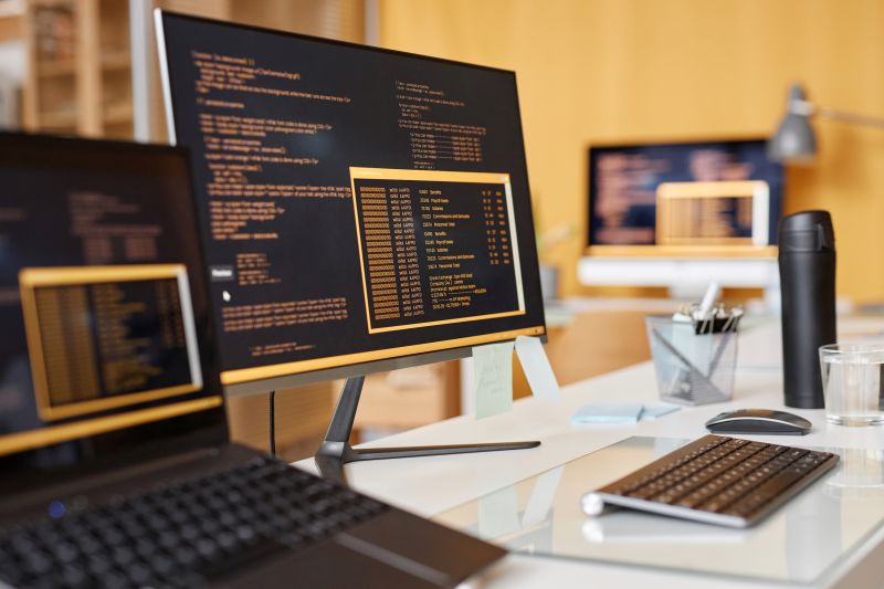 Close Up Computer Screen with Code Lines on Desk in IT Development Office