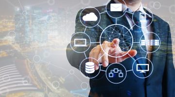 Professional businessman connected devices with world digital technology internet