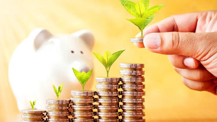 Investor hand hold a coin with plant growing on the top and stack gold coin and piggy bank