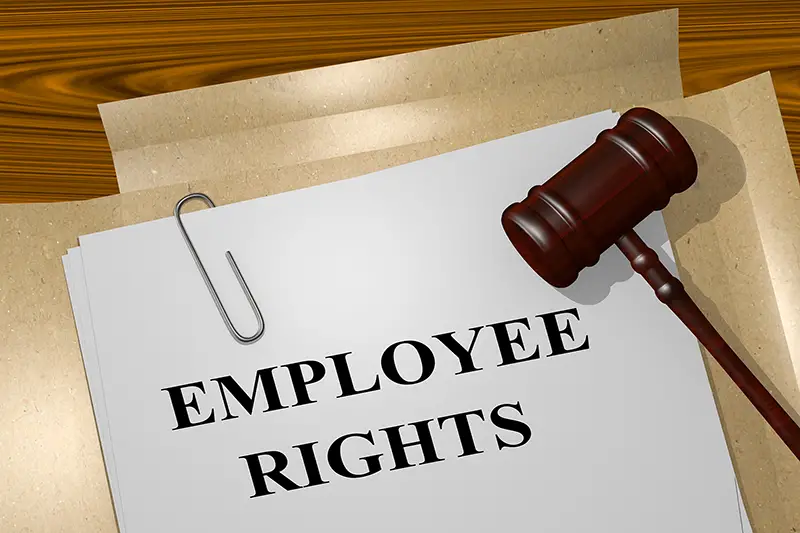 3D illustration of "EMPLOYEE RIGHTS" title on Legal Documents