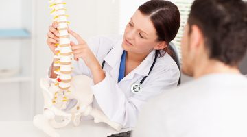 A female doctor is pointing on a bone in the spine