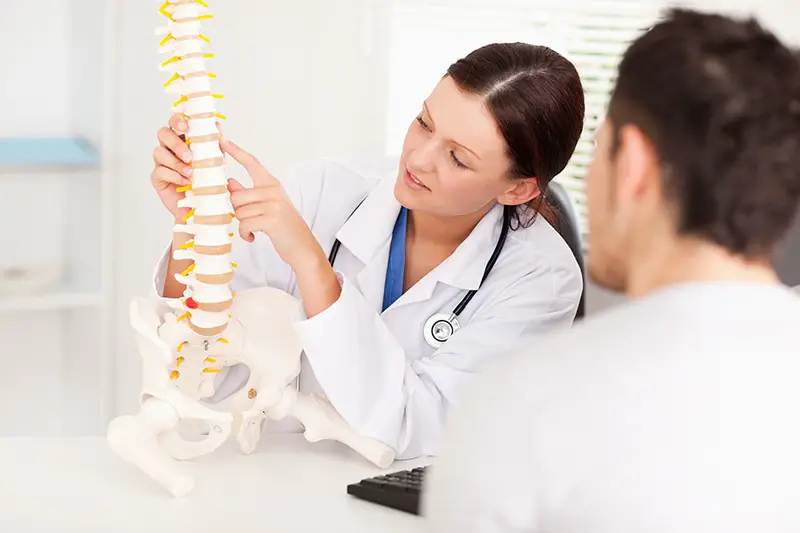 A female doctor is pointing on a bone in the spine