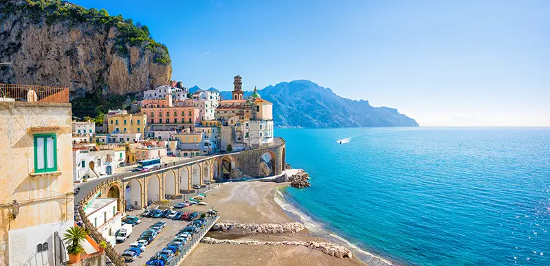 Panoramic view of small town Atrani on Amalfi Coast in province of Salerno Italy