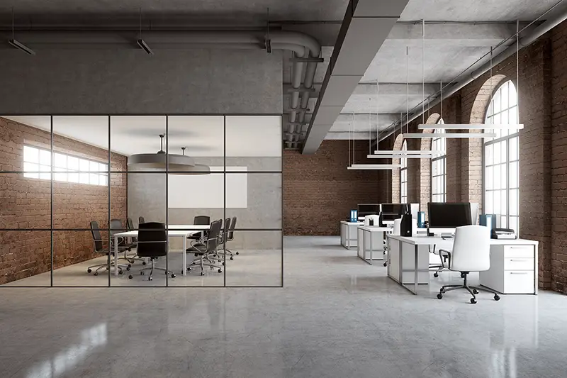Open space office interior with brick and glass wall