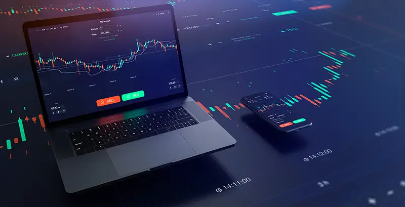 Futuristic stock exchange scene with laptop