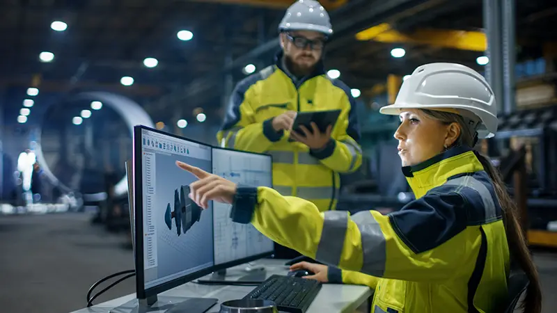 Inside the Heavy Industry, Factory Female Industrial Engineer Works on Personal Computer She Designs 3D Engine Model, Her Male Colleague Talks with Her and Uses Tablet Computer. Low Angle Shot.