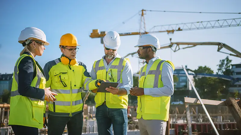 Project manager holding black tablet in construction site