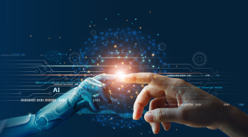 Human hand poiting to the AI finger tip