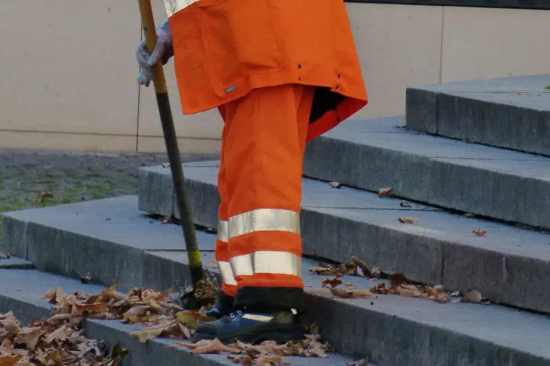 Man cleaning the street full of dried leaves