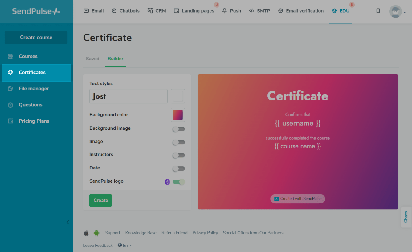 SendPulse certificate