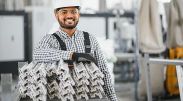 Smiling and happy indian employee. Industrial worker indoors in factory.