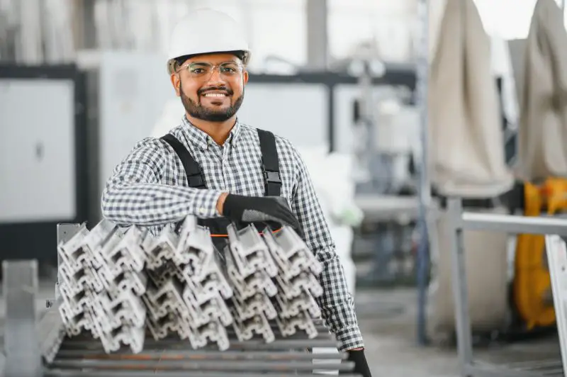 Smiling and happy indian employee. Industrial worker indoors in factory.
