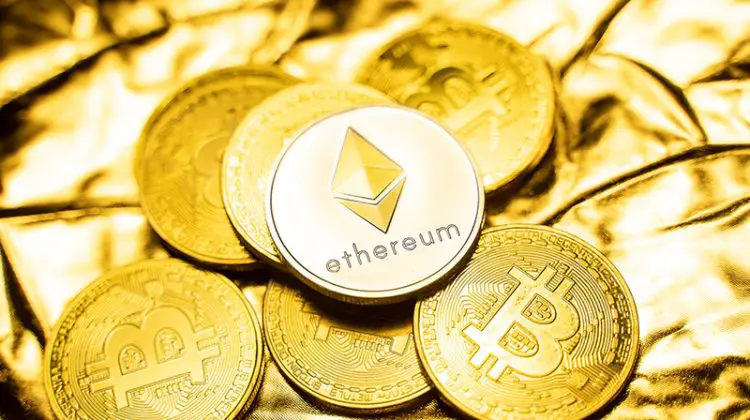 Gold ethereum coins on a golden background