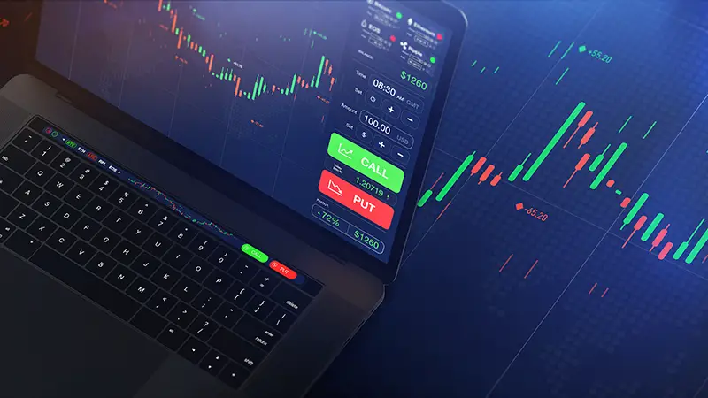 Futuristic stock exchange scene with laptop