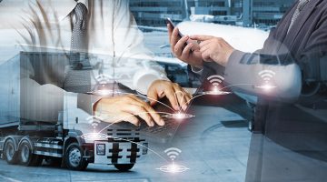 Double exposure of success businessman working in office with digital tablet laptop computer