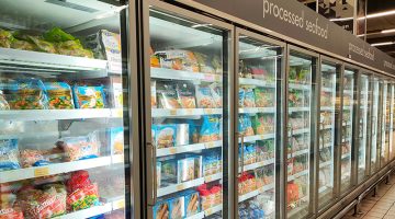 Pastries and frozen food in a commercial freezer
