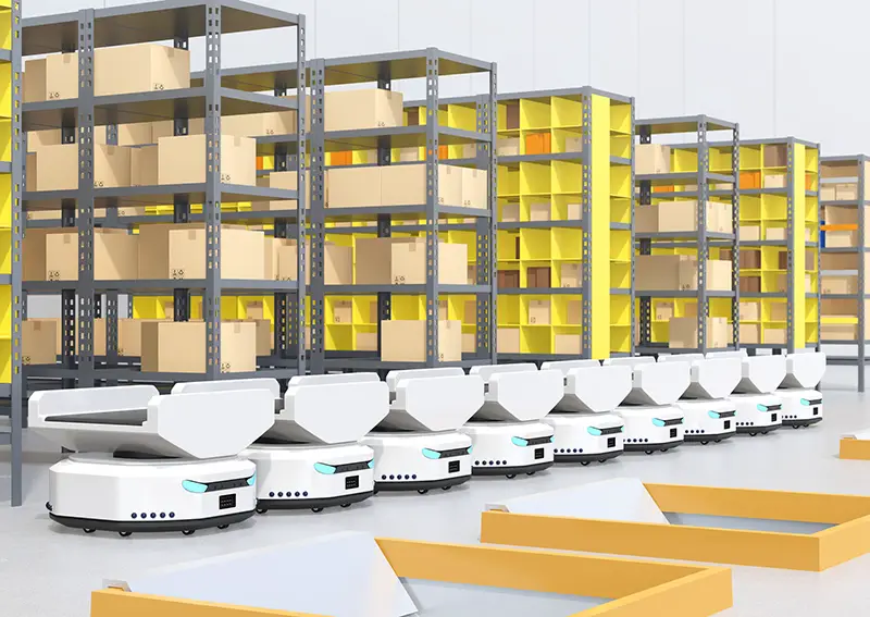 Line of Autonomous Mobile Robots in modern warehouse