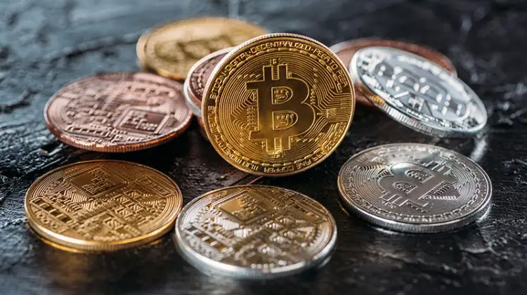 view of various bitcoins on dark surface