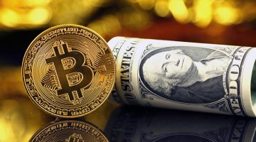 Bitcoin and paper dollar bill