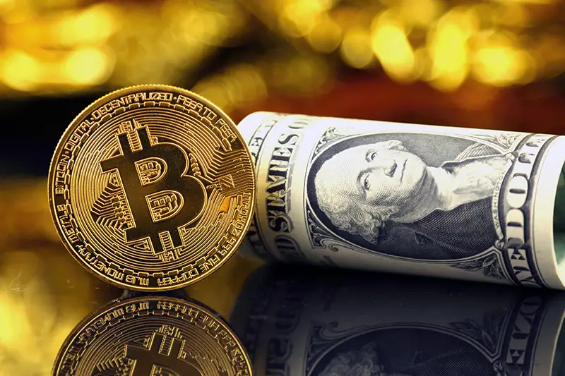 Bitcoin and paper dollar bill