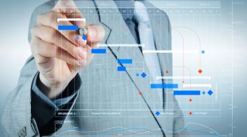 Project manager working and update tasks with milestones progress planning and Gantt chart scheduling virtual diagram.