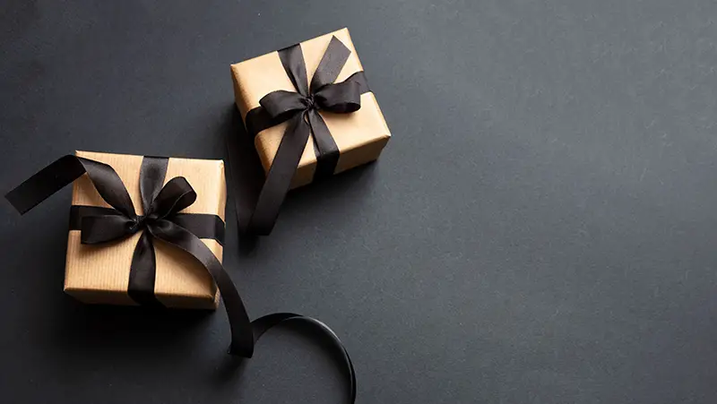 brown box with black ribbon for gift