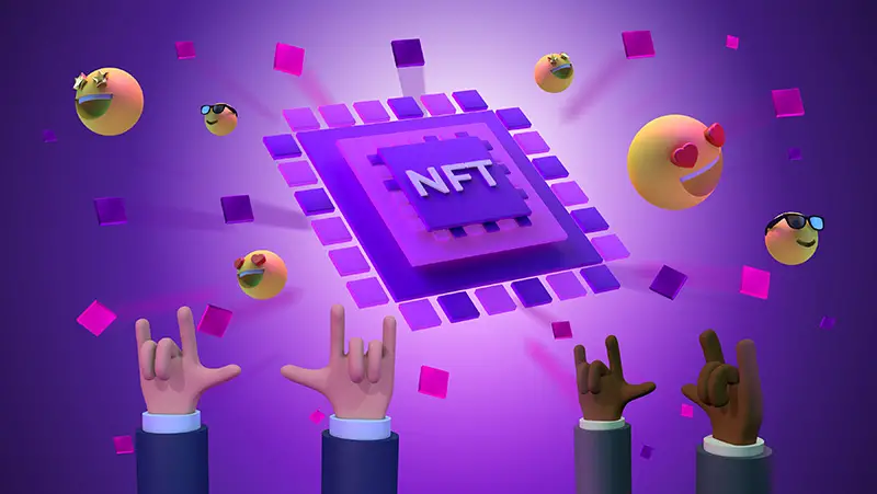 purple complete 3d rendering illustration of hands holding NFT