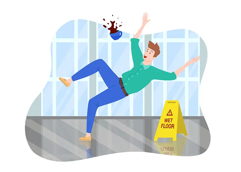 Flat composition with man slipping and falling on wet floor dropping cup of coffee vector illustration