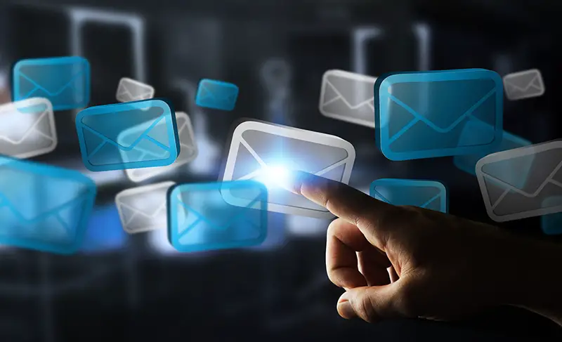 Businessman touching digital email icons with his finger 3D rendering