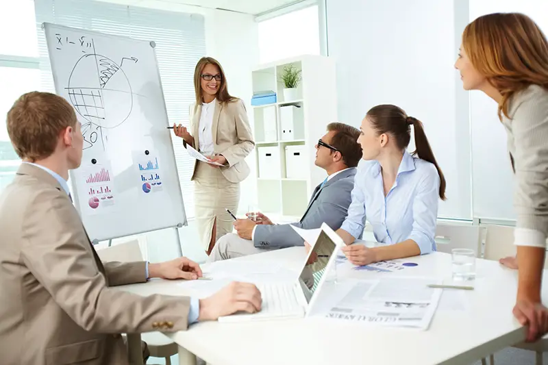 Confident top manager standing by the whiteboard and explaining her strategy at meeting