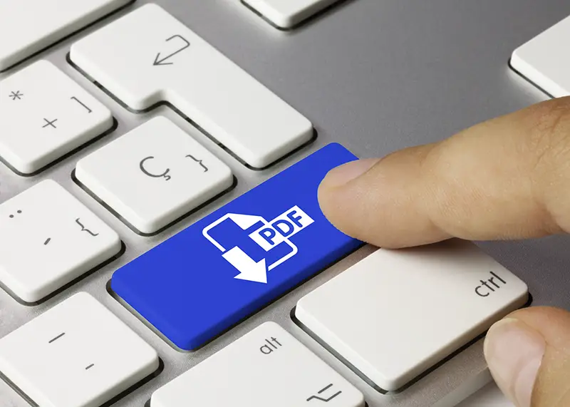 Download PDF Written on Blue Key of Metallic Keyboard.