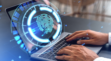 Man hands using laptop with fingerprint interface
