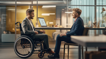 Man with a disability is interviewed in an office sitting in a wheelchair.
