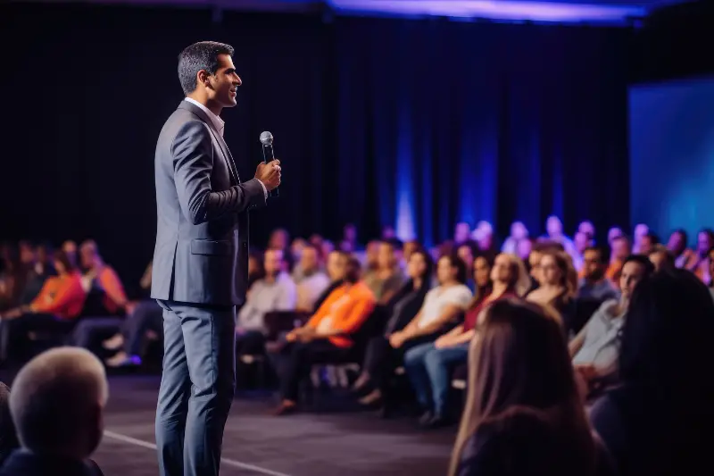 Speaker performing on stage with spotlight talking to many people in audience, event professional.