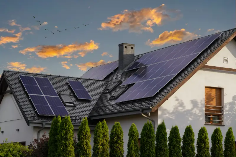 Modern house with blue solar panels on the roof.