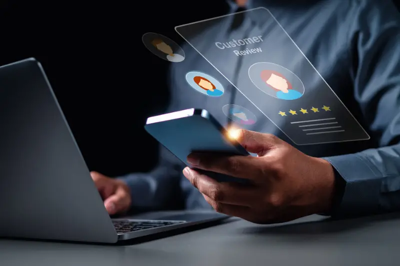 touching at smartphone to view customer experience and feedback.