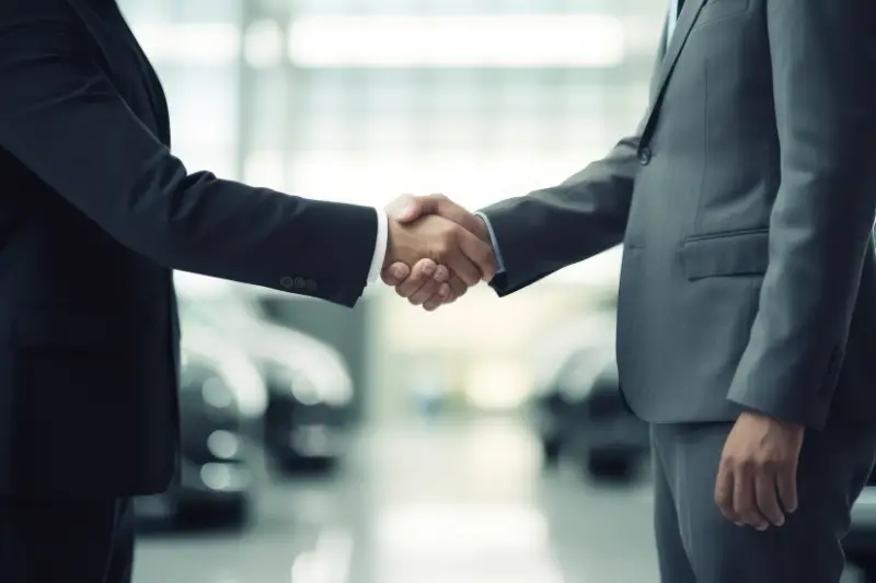 Car dealer shaking hands with customer in car shop