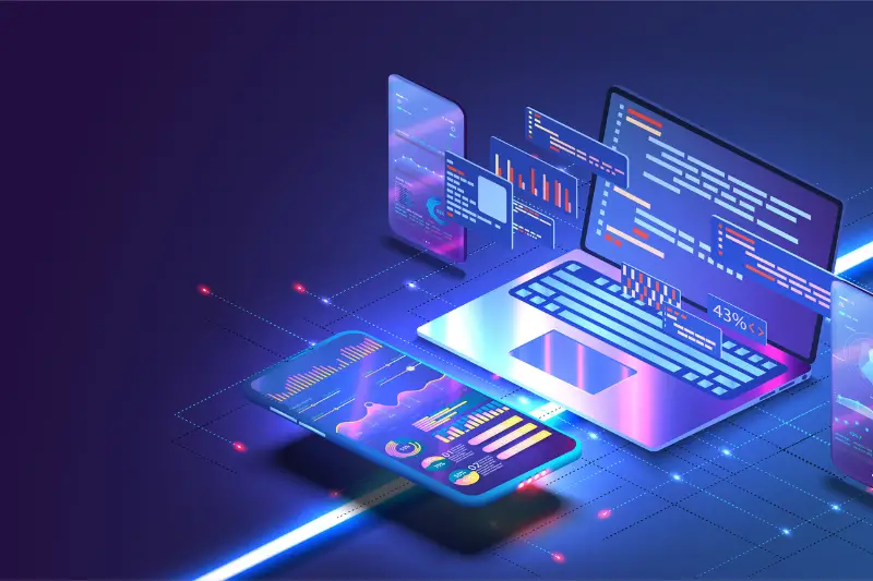 Application of Smartphone with business graph and analytics data on isometric mobile phone.