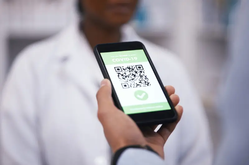 QR code, screen or hand of doctor with phone to scan test results on contactless technology online.